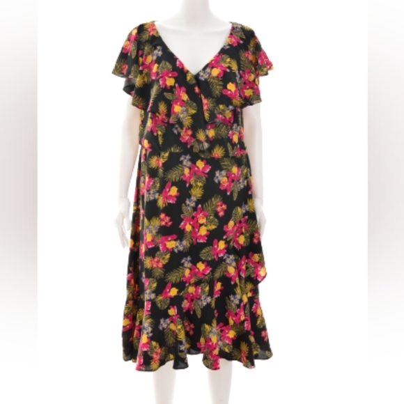 Michel Studio Dresses & Skirts - Michel studio cross body midi black floral ruffle  dress size 18